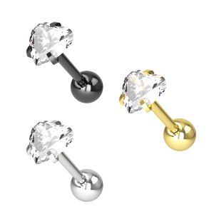 316L Tragus Bar with Clear Heart Gem Top
