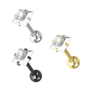 316L Tragus Bar with Clear Square Gem Top