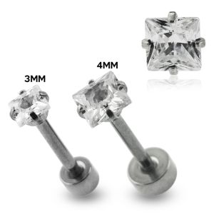 Surgical Steel Tragus Bar with Clear Square Gem Top and Disc Base