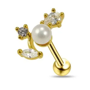 Jeweled Floral with Pearl Cartilage Helix Tragus Piercing Ear Stud