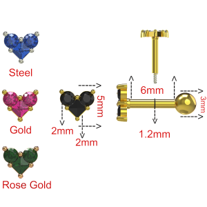 925 Sterling Silver 3 Stone Heart CZ Cartilage Tragus Piercing Ear Stud Jewelry
