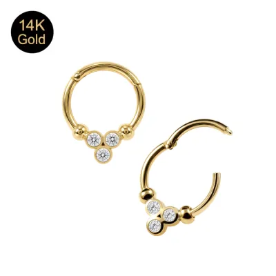 14K Solid Gold Trinity Bezel Round CZ Hinged Segment Clicker Ring | 18G 8mm