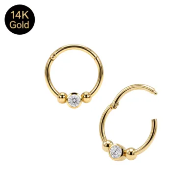 14K Solid Gold Bezel-Set Round CZ Hinged Segment Clicker Ring | 18G 8mm