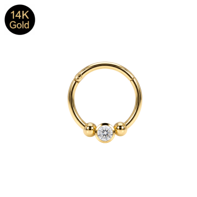 14K Solid Gold Bezel-Set Round CZ Hinged Segment Clicker Ring | 18G 8mm