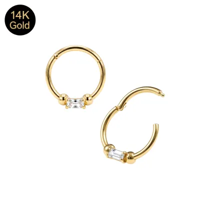 14K Solid Gold Prong-Set Baguette CZ Hinged Segment Clicker Ring | 18G 8mm