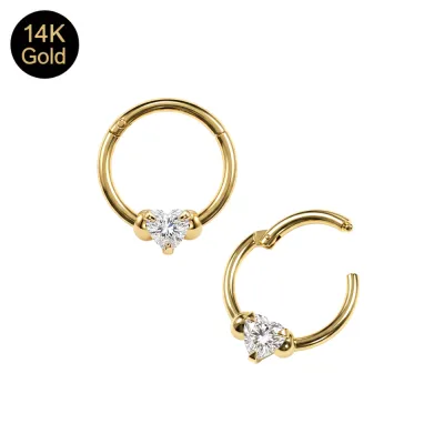 14K Solid Gold Prong-Set Heart CZ Hinged Segment Clicker Ring | 18G 8mm