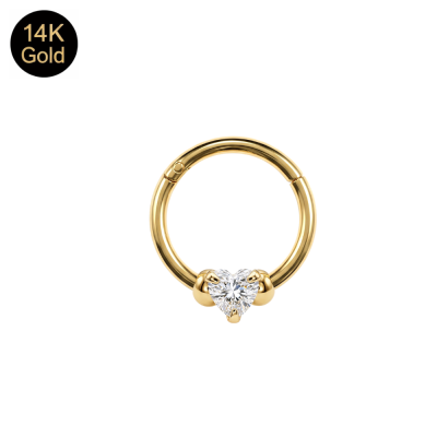 14K Solid Gold Prong-Set Heart CZ Hinged Segment Clicker Ring | 18G 8mm