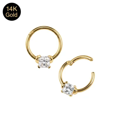 14K Solid Gold Prong-Set Square CZ Hinged Segment Clicker Ring | 18G 8mm