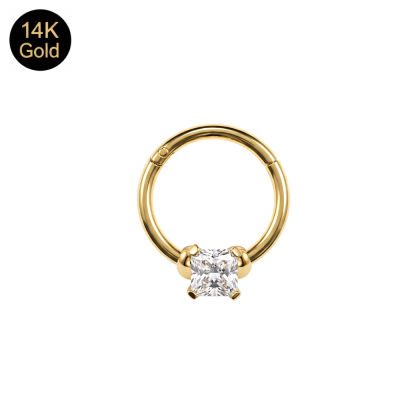 14K Solid Gold Prong-Set Square CZ Hinged Segment Clicker Ring | 18G 8mm