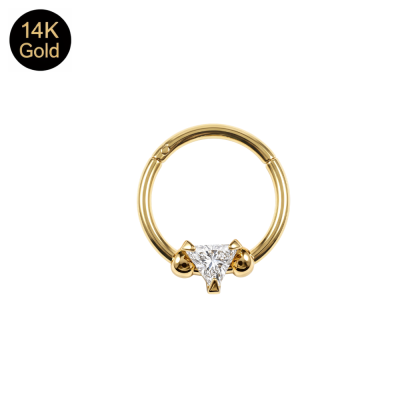 14K Solid Gold Prong-Set Triangle CZ Hinged Segment Clicker Ring | 18G 8mm