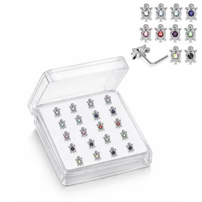 925 Sterling Silver Jeweled Sea Turtle L-Bend Nose Stud Box (20 Pieces)