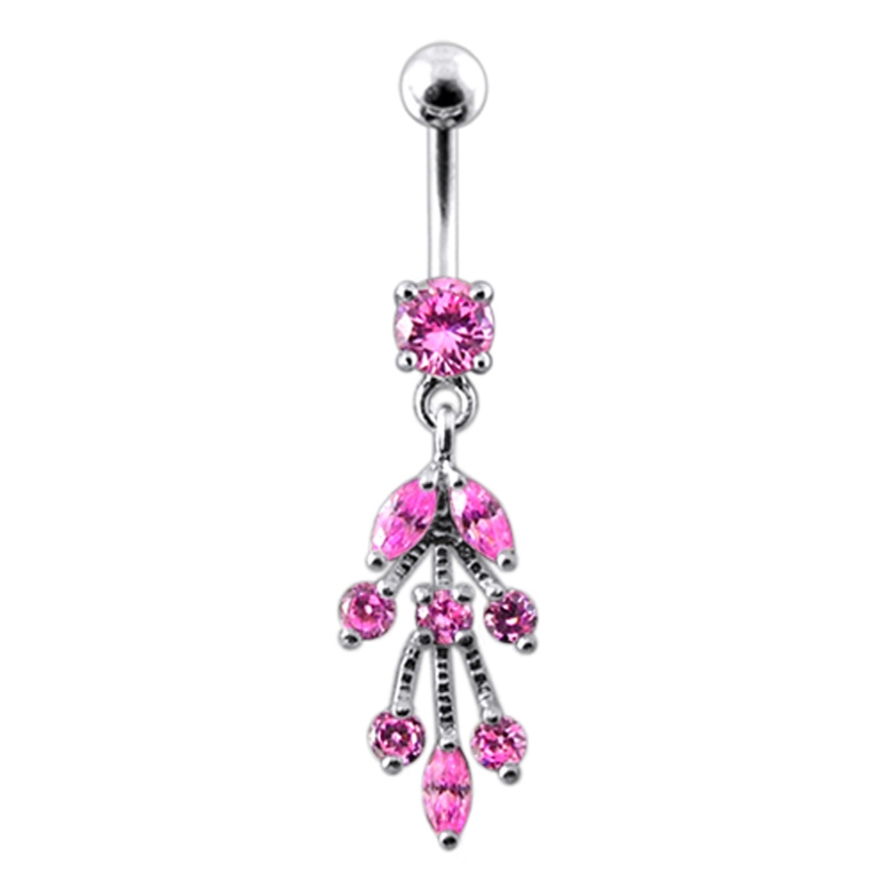 3 Red CZ Hearts Dangling 14G Belly Ring Body Jewellery