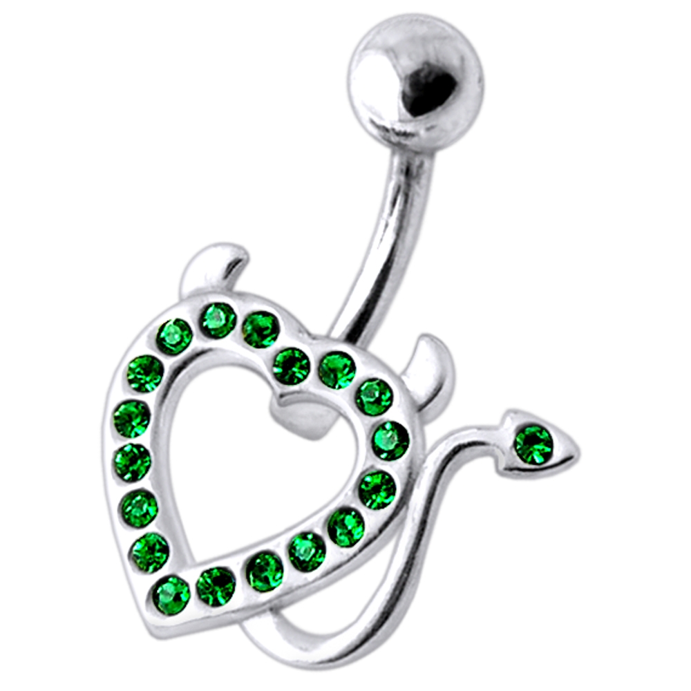 Stainless Steel Jeweled Belly Ring with Dangling Winged Heart Charm 