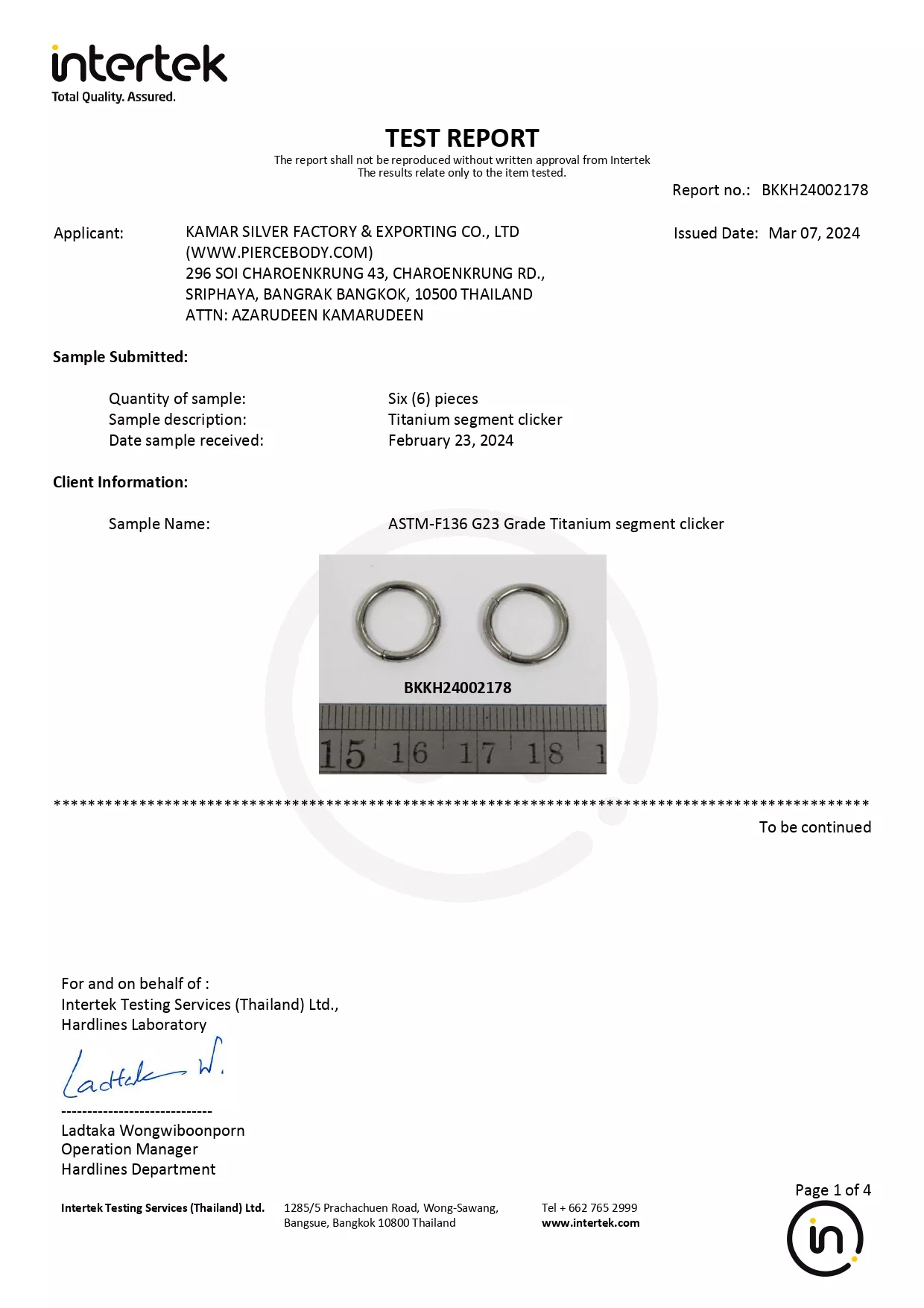 Titanium G23 Jewelry Certified